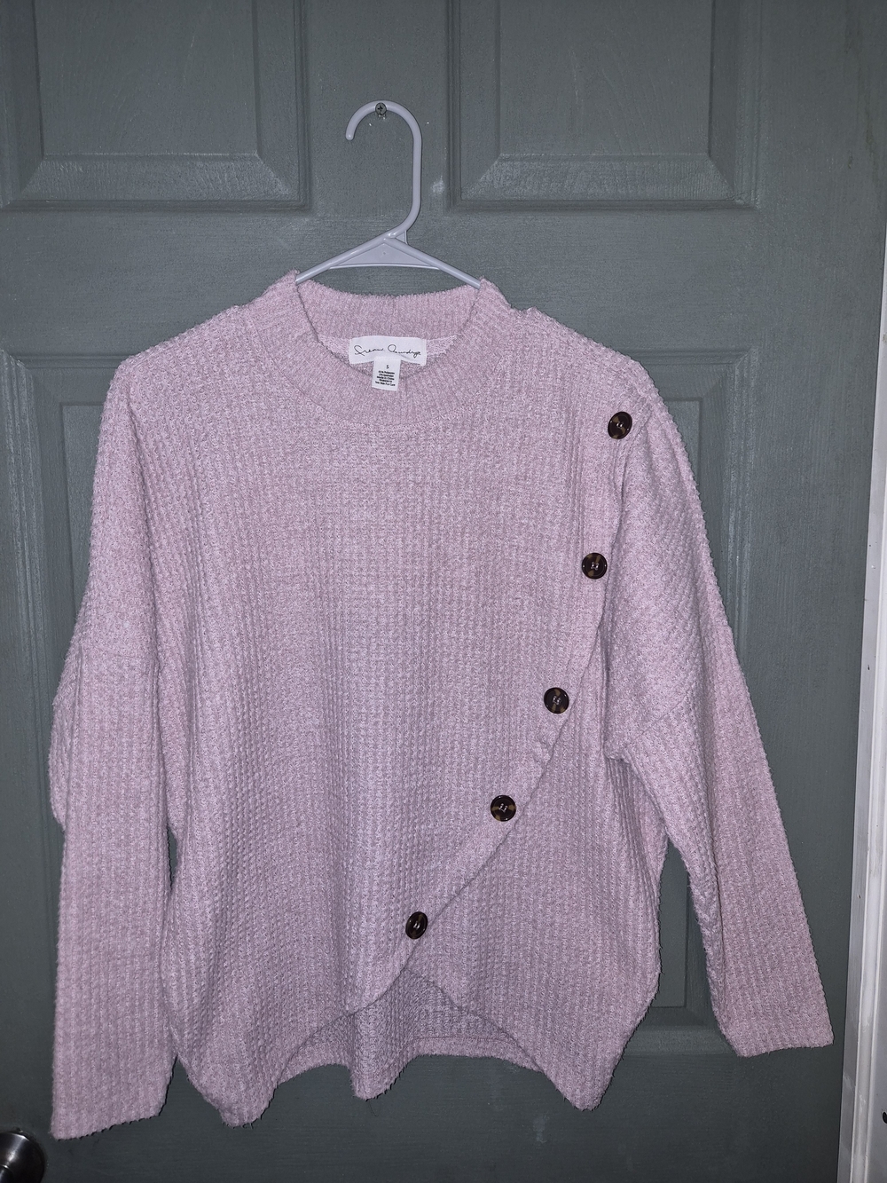 French Laundry Soft Blush Pink Crewneck Sweater with Diagonal Button Detail